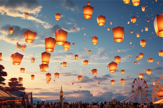 Many lanterns are flying in the sky