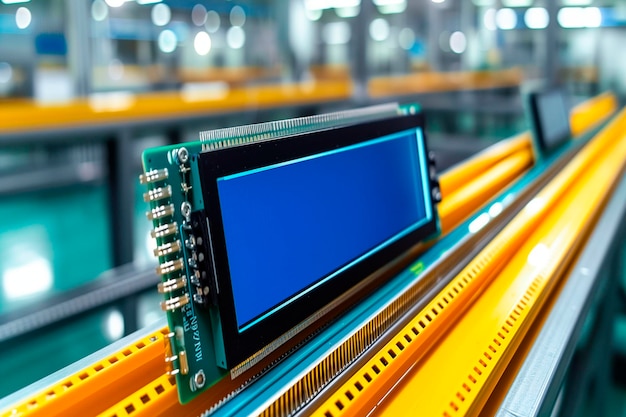 마이크로회로, 마이크로칩 및 어셈블리의 연결 요소가 있는 테이블에 있는 많은 LCD 디스플레이