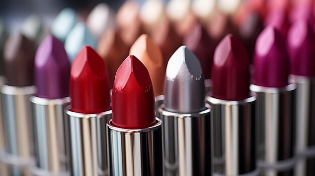 Many lipsticks in many colors lined up