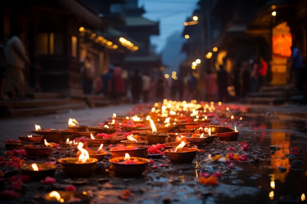 many lit candles are on the ground in front of a building