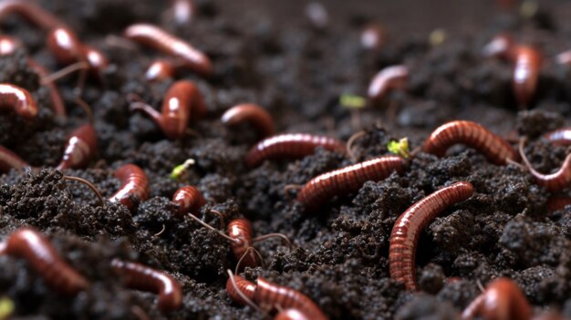 Many living earthworms for fishing in the soil background generative ai