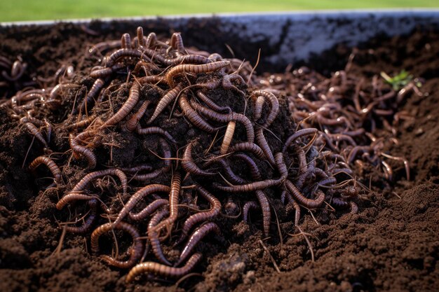 Photo many living earthworms for fishing in the soil