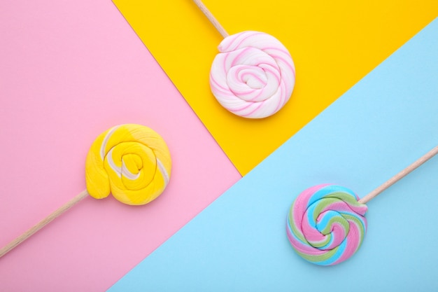 Many lollipops on colorful background, Sweets.