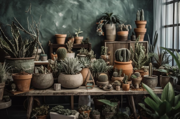 Molte belle piante cactus succulenti e piante aeree sono state collocate in  vasi di varie forme nel giardino interno della casa concetto per il  giardinaggio domestico giungla a casa