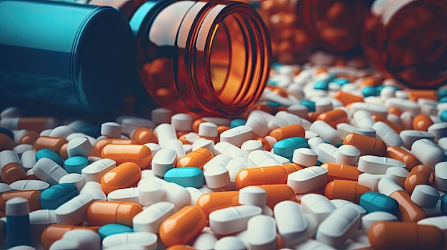 many medicine bottles and pills on a table in the style of dynamic color combinations