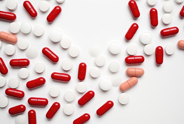 Many medicine pills and capsules on a white background