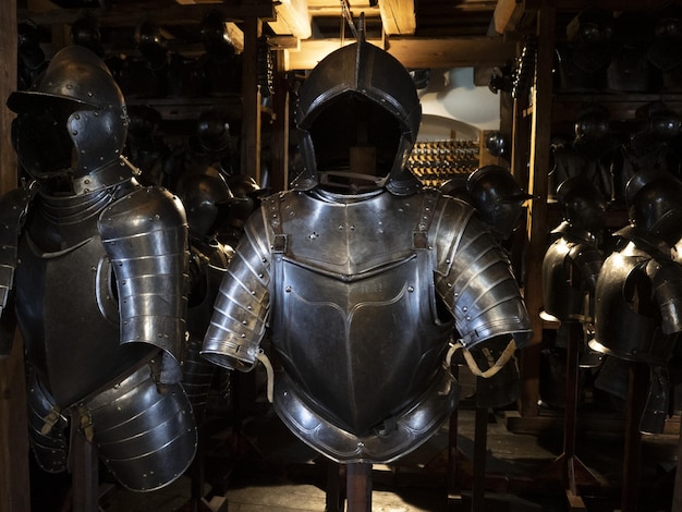 many medieval iron metal armor
