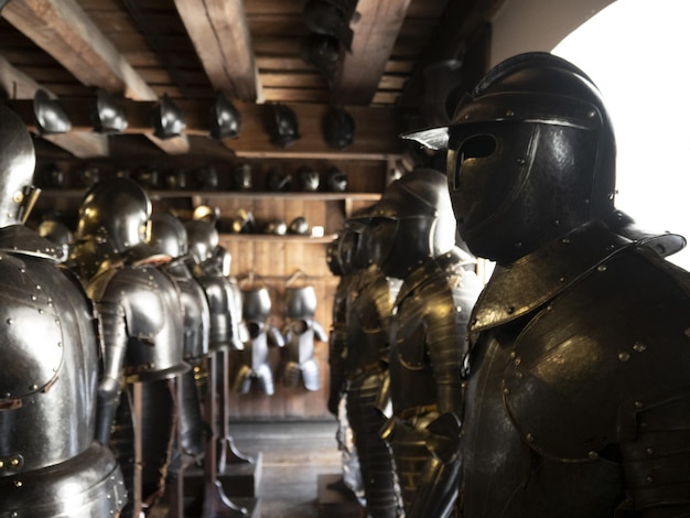 Many medieval iron metal armor