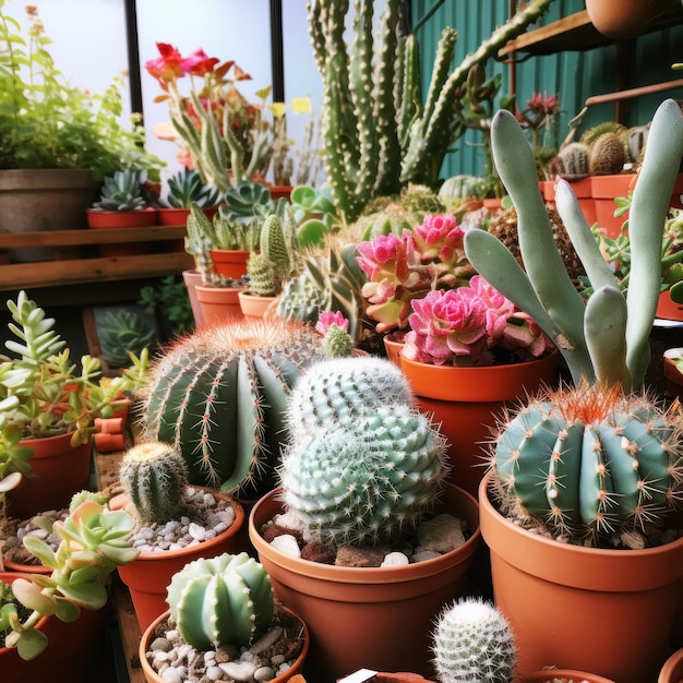 Many miniature succulent plants and cacti on display