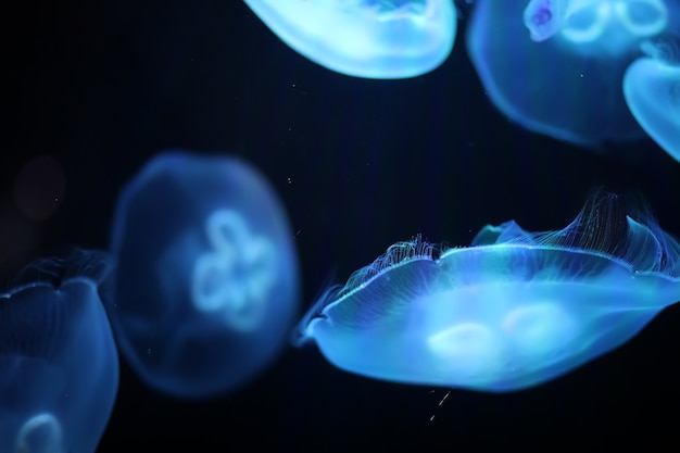 Many multi-colored jellyfish float under water macro shooting