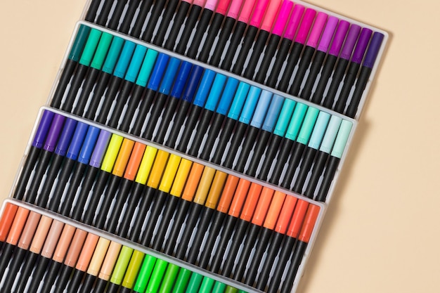 Many multicolored felttip pens for drawing top view