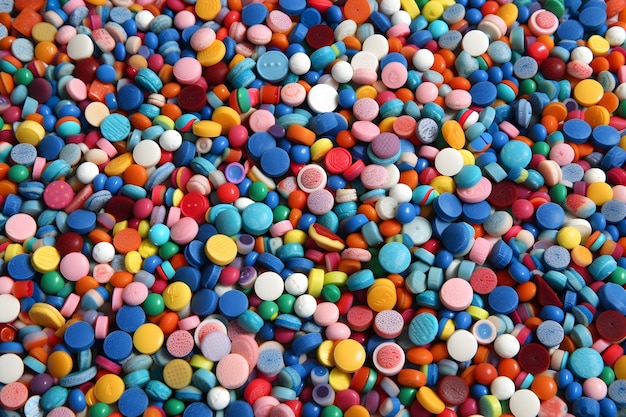 Много разноцветных таблеток на заднем плане Нейронная сеть AI сгенерирована