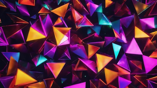 Many neon triangles in space abstract computer generated backdrop 3d render