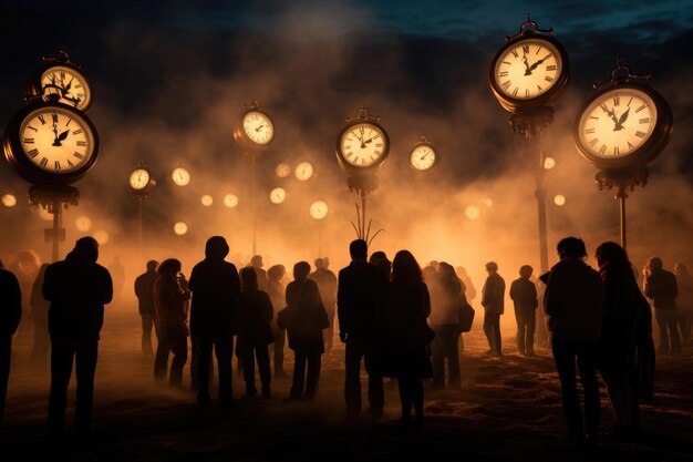 Many night silhouettes of people surrounded by pillars with large alarm clocks on them The concept of time changing the clock to winter time