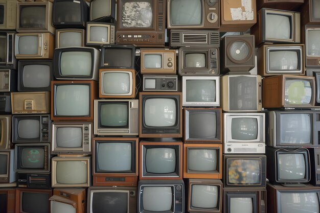 Many old analog tv sets stacked along the wall