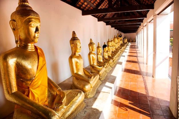 Photo many old golden buddha statue in ubosot of wat phra borommathat chaiya temple in chaiya district in surat thani thailand