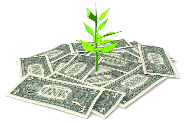 Many one dollar bills and plant growth concept 3D illustration