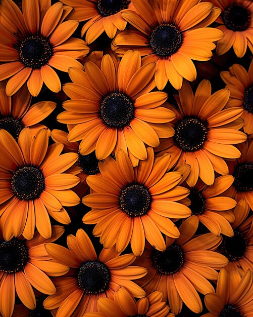 Many orange flowers in the middle of it's petals with black centers and dark center surrounded by white dots