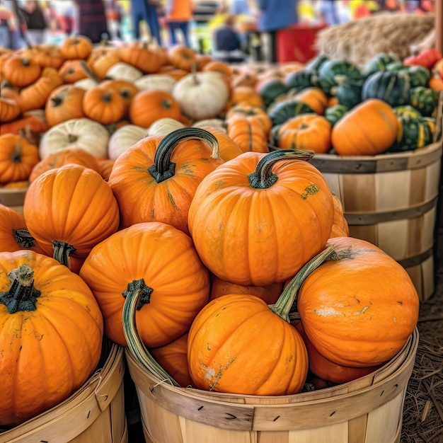many orange ripe pumpkins are sold at the farmer's market vegetable trade outdoor vegetable stand
