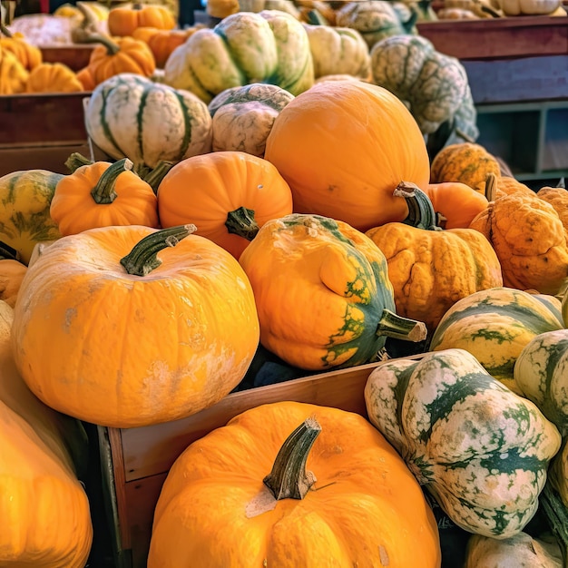 many orange ripe pumpkins are sold at the farmer's market vegetable trade outdoor vegetable stand