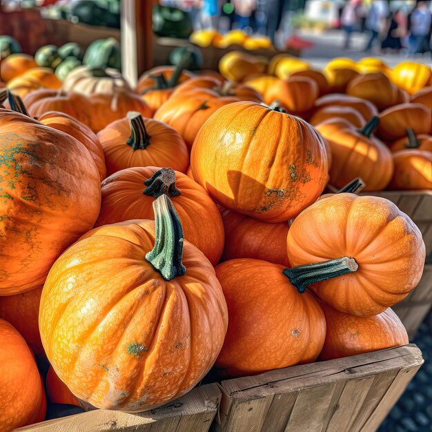 many orange ripe pumpkins are sold at the farmer's market vegetable trade outdoor vegetable stand