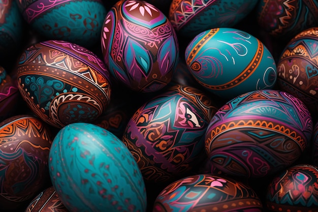 Many Painted Easter Eggs in a Basket Transparent Background PNG PSD