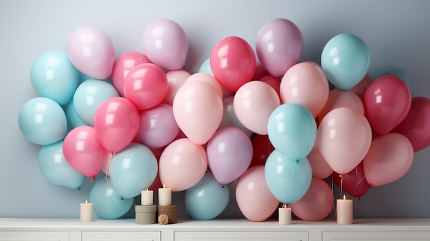 many pastel balloons above a white table and wall