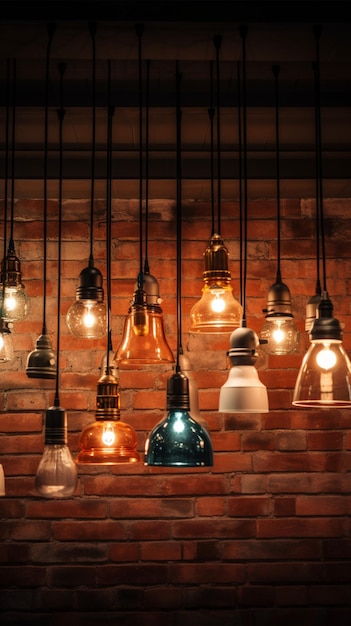 Many pendant lamps against red brick wall