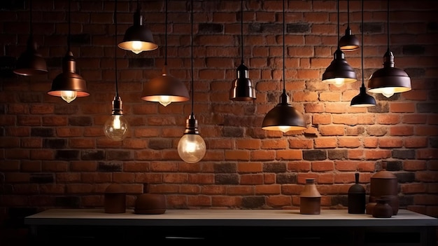 Many pendant lamps againts red brick wall Al generated