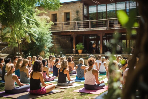 Photo many people are engaged in meditative practices in the courtyard of a large house