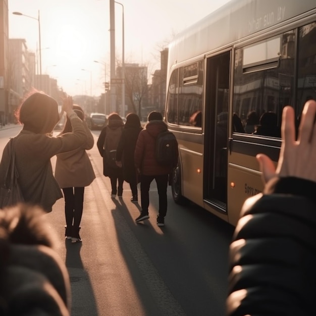 버스 정류장에 있는 많은 사람들이 문 쪽으로 손을 잡아당깁니다.