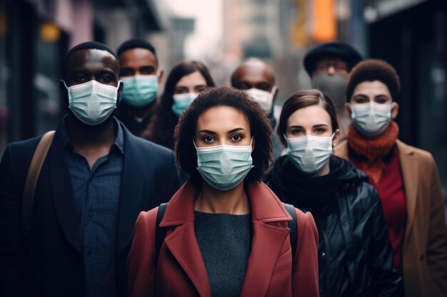 都市の通りで医療マスクをかぶった様々な国籍の多くの人々 パンデミックコロナウイルス隔離コンセプト