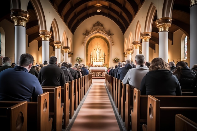 Many people sitting on benches in church Generative AI