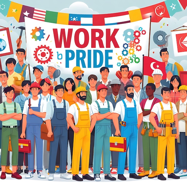 Many people standing with a sign in the background that says work with pride
