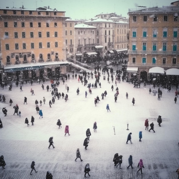 many people walk across the square while it is snowing