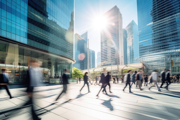 Many people walking with motion blur on a sunny day in the city with skyscrapers