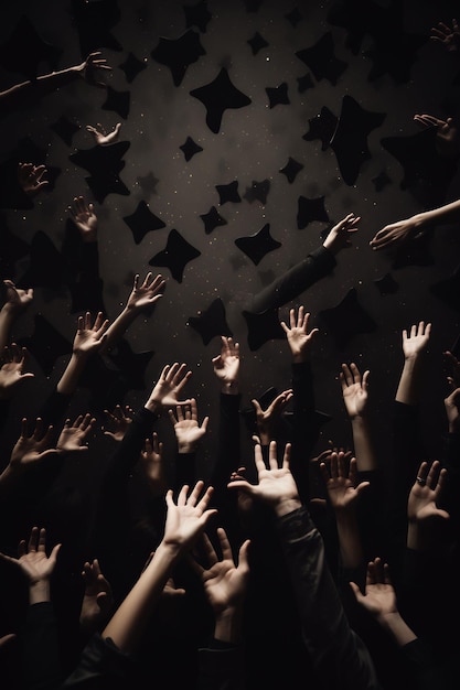 many people with hands up in the air with stars