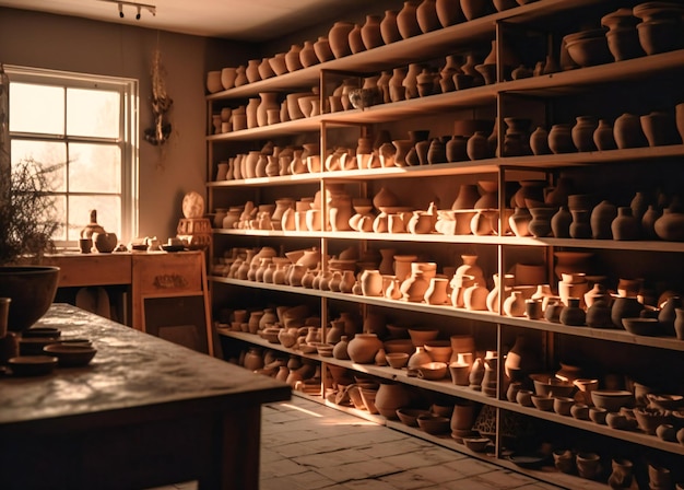 Many pieces of pottery stored on shelves