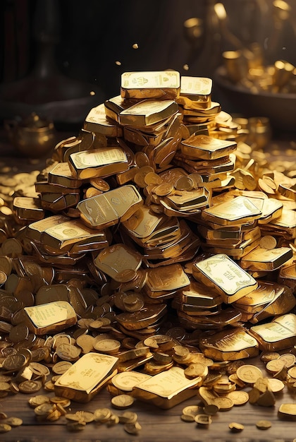 Фото Множество золотых слитков и золотых монет