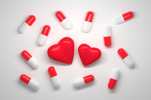 many pills with red and white caps and two red hearts in the center on white 