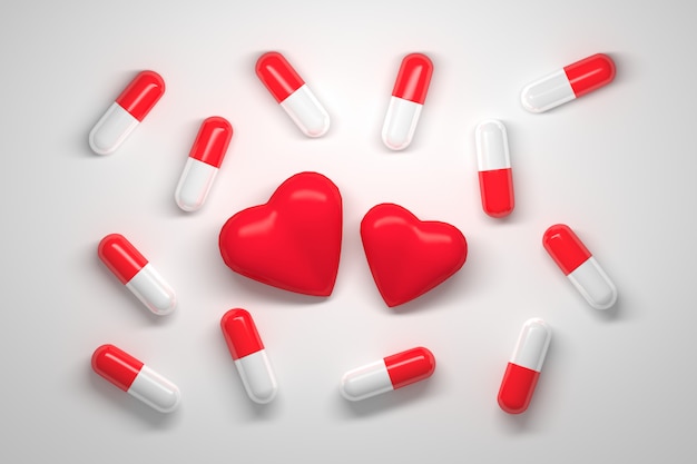 Many pills with red and white caps and two red hearts in the center on white 