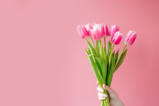 Many Pink tulips on the pink background.