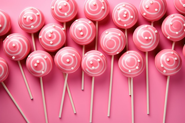 Photo many pink and white lollipops on a stick lie on background