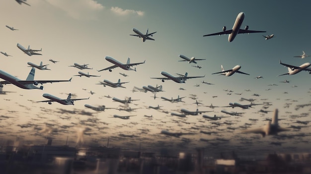 Many planes in the sky travel concept