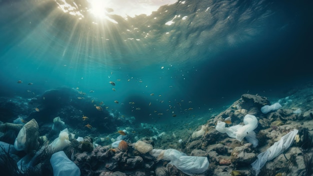 Many plastic bottles and bags at the sea bottom ai generative