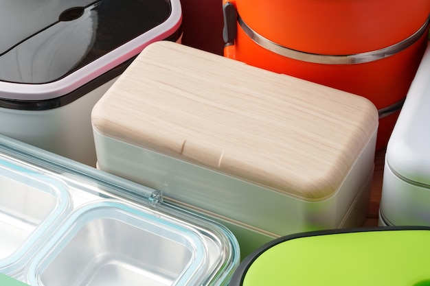 Many plastic food containers in a shop for background