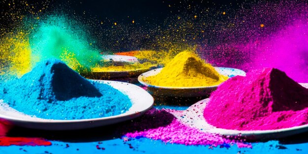 Foto molti piatti di acquerello e spruzzi di sfondo felice holi