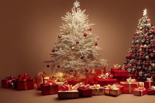 Many presents around the Christmas tree 3D illustration