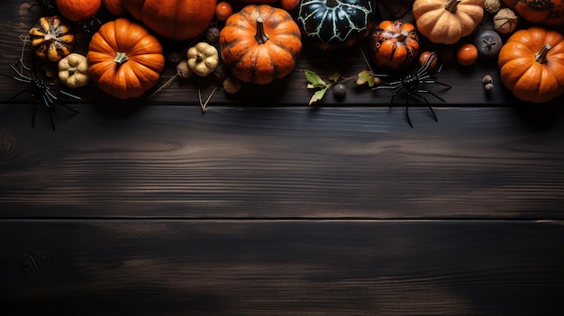 Many pumpkin top border over a rustic wood background Created with Generative AI