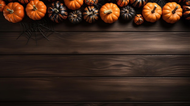 Many pumpkin top border over a rustic wood background Created with Generative AI